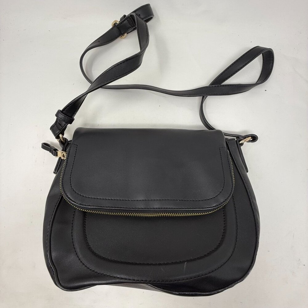 Sole / Society Black Faux Leather Crossbody Bag Gold Zipper Leopard Print Lining